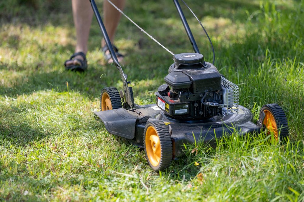 Máquina de jardín trabajando el pasto alto
